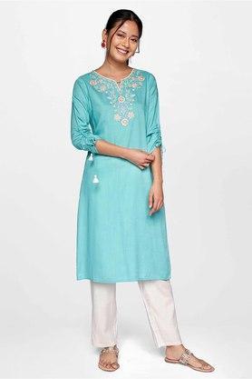 solid round neck viscose women's calf length kurta - aqua