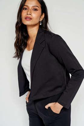 solid round neck viscose women's casual wear jackets - black