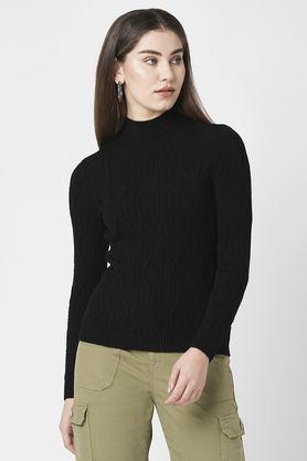 solid round neck viscose women's casual wear sweater - black