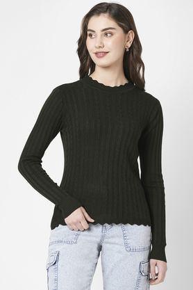 solid round neck viscose women's casual wear sweater - olive