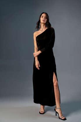 solid round neck viscose women's dress - black
