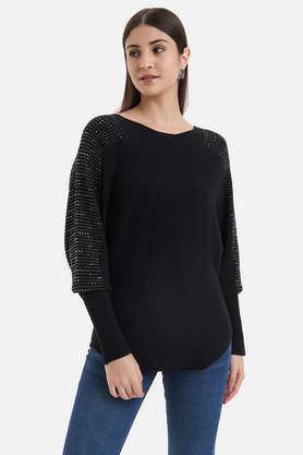 solid round neck viscose women's party wear pullover - black