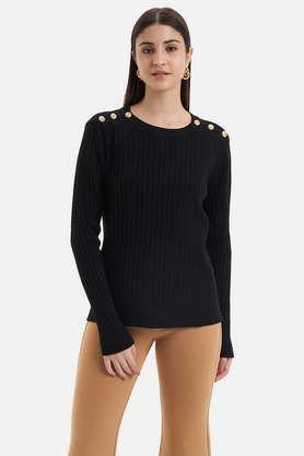 solid round neck viscose women's party wear pullover - black