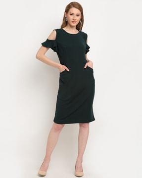 solid round-necked  shift dress