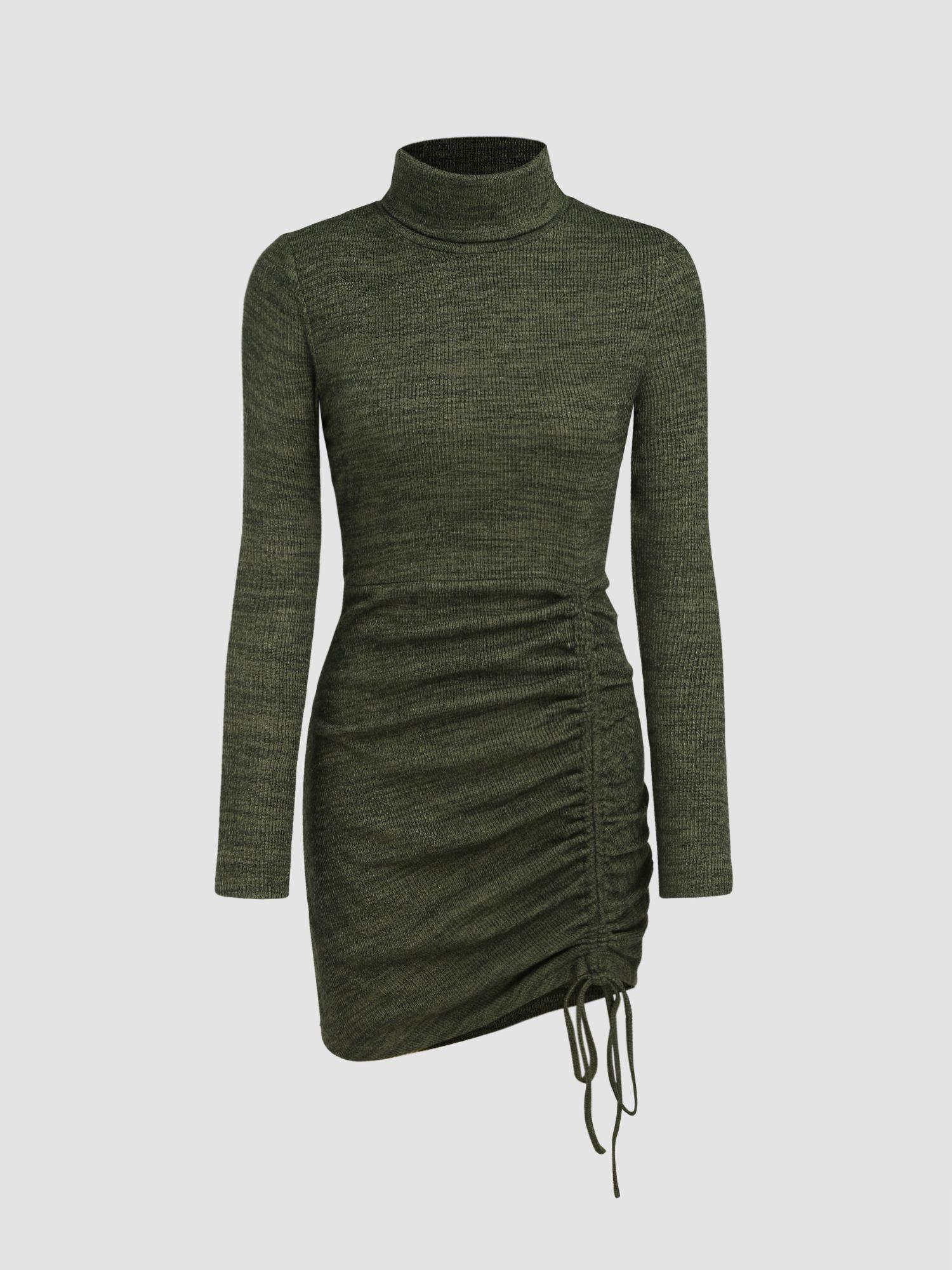 solid ruched drawstring knitted mini dress