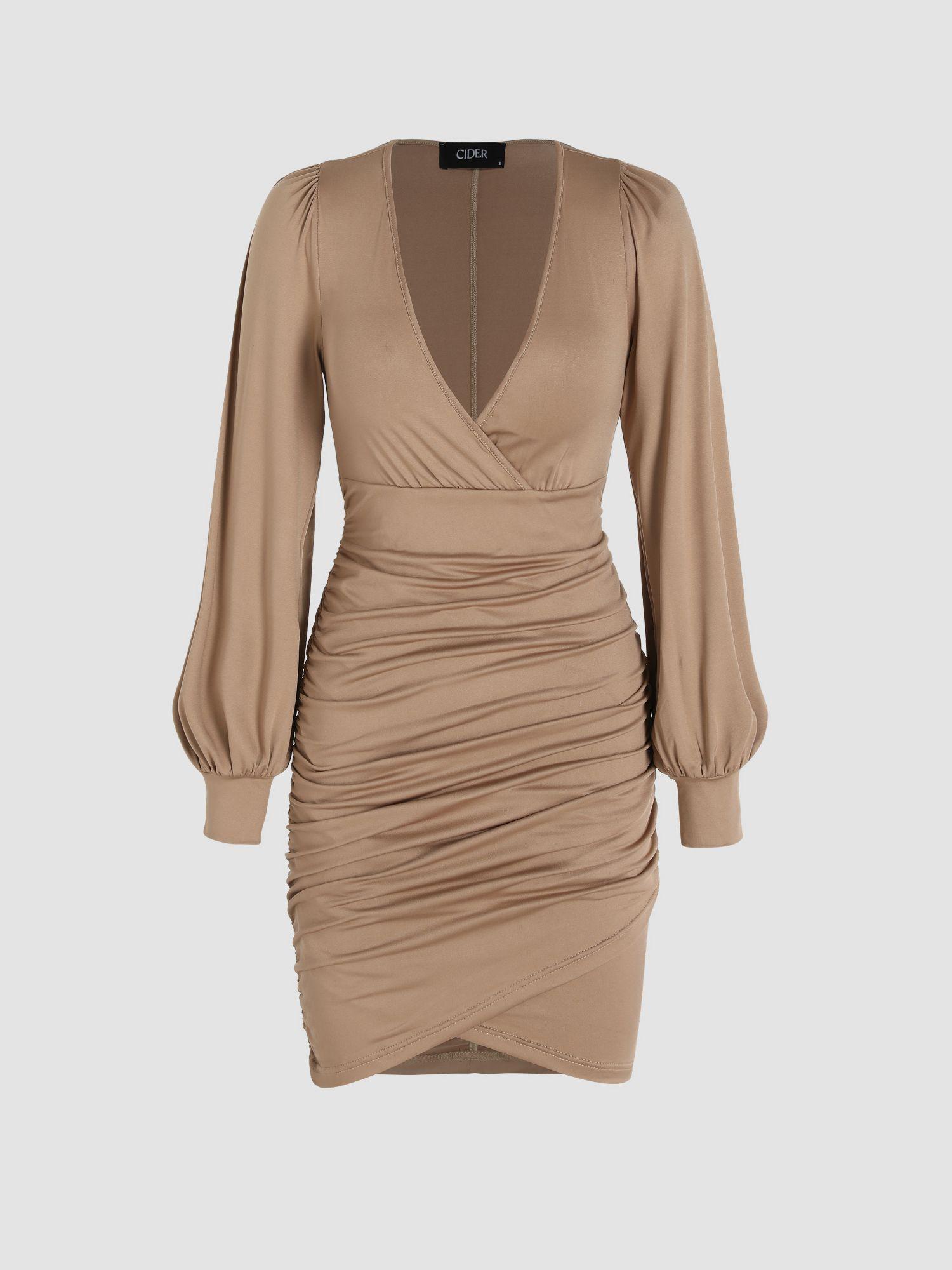 solid ruched v neck dress