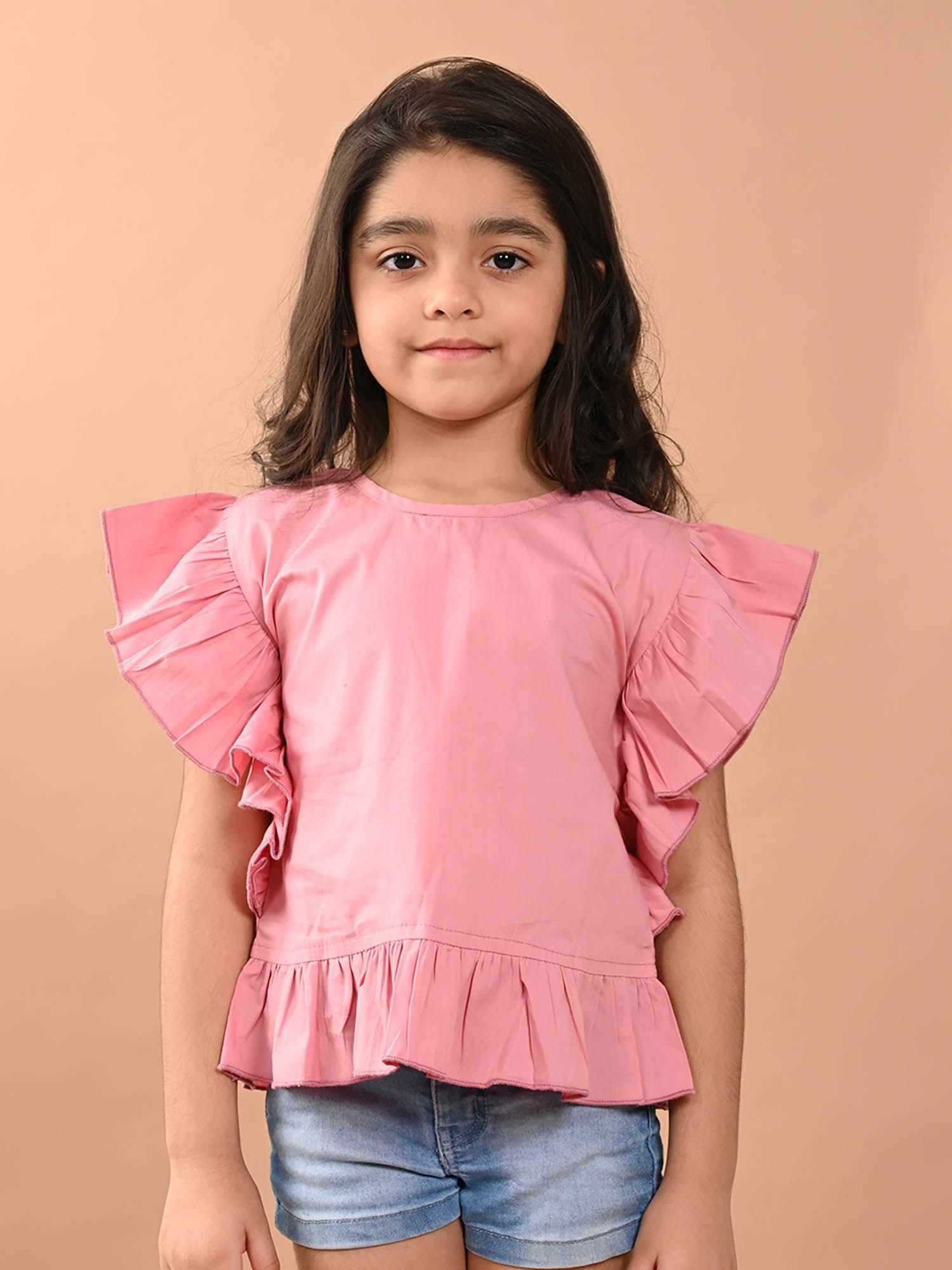 solid ruffled sleeves casual top-light pink