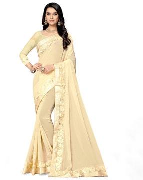 solid saree with floral lace border