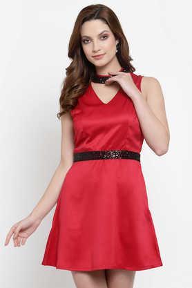 solid satin choker neck women's mini dress - red