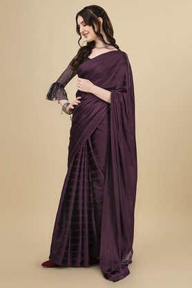 solid satin designer women's saree with blouse piece - purple
