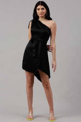solid satin one shoulder women's maxi dress - black
