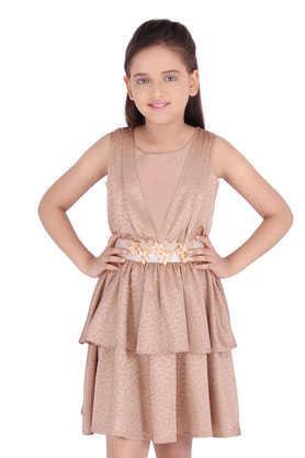 solid satin round neck girls casual wear dress - brown