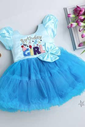 solid satin round neck girls party wear dress - blue