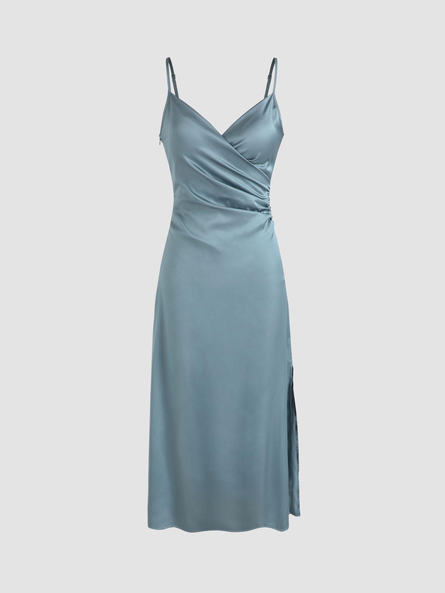 solid satin slit midi dress