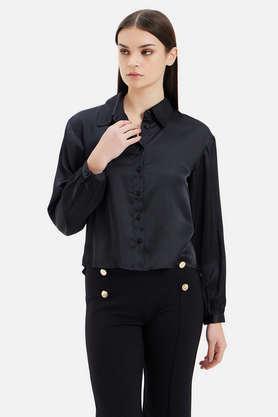 solid satin tapered fit women's shirt - black
