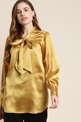 solid satin tie up neck womens casual shirt - gold