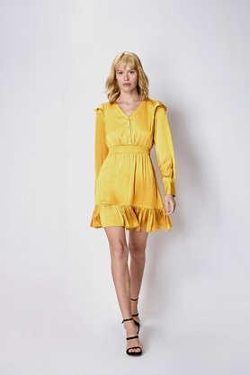solid satin v-neck women's knee length dress - mustard