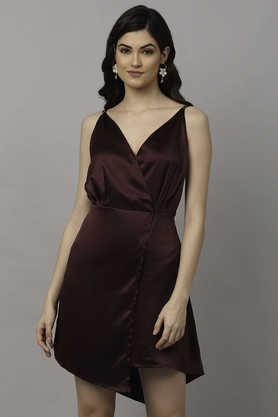 solid satin v neck women's maxi dress - burgundy