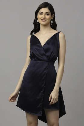 solid satin v neck women's maxi dress - navy