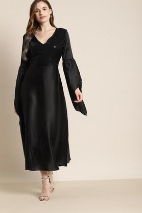 solid satin v neck womens maxi dress - black