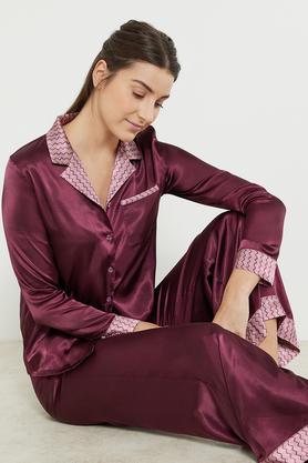 solid satin woven women's top & pyjama set - wine