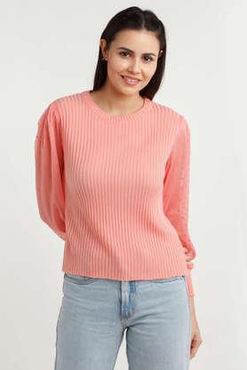 solid scoop neck acrylic women's casual wear pullover - coral