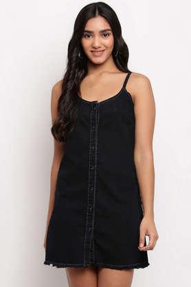 solid scoop neck denim women's mid thigh dress - black