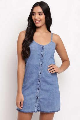 solid scoop neck denim women's mid thigh dress - blue