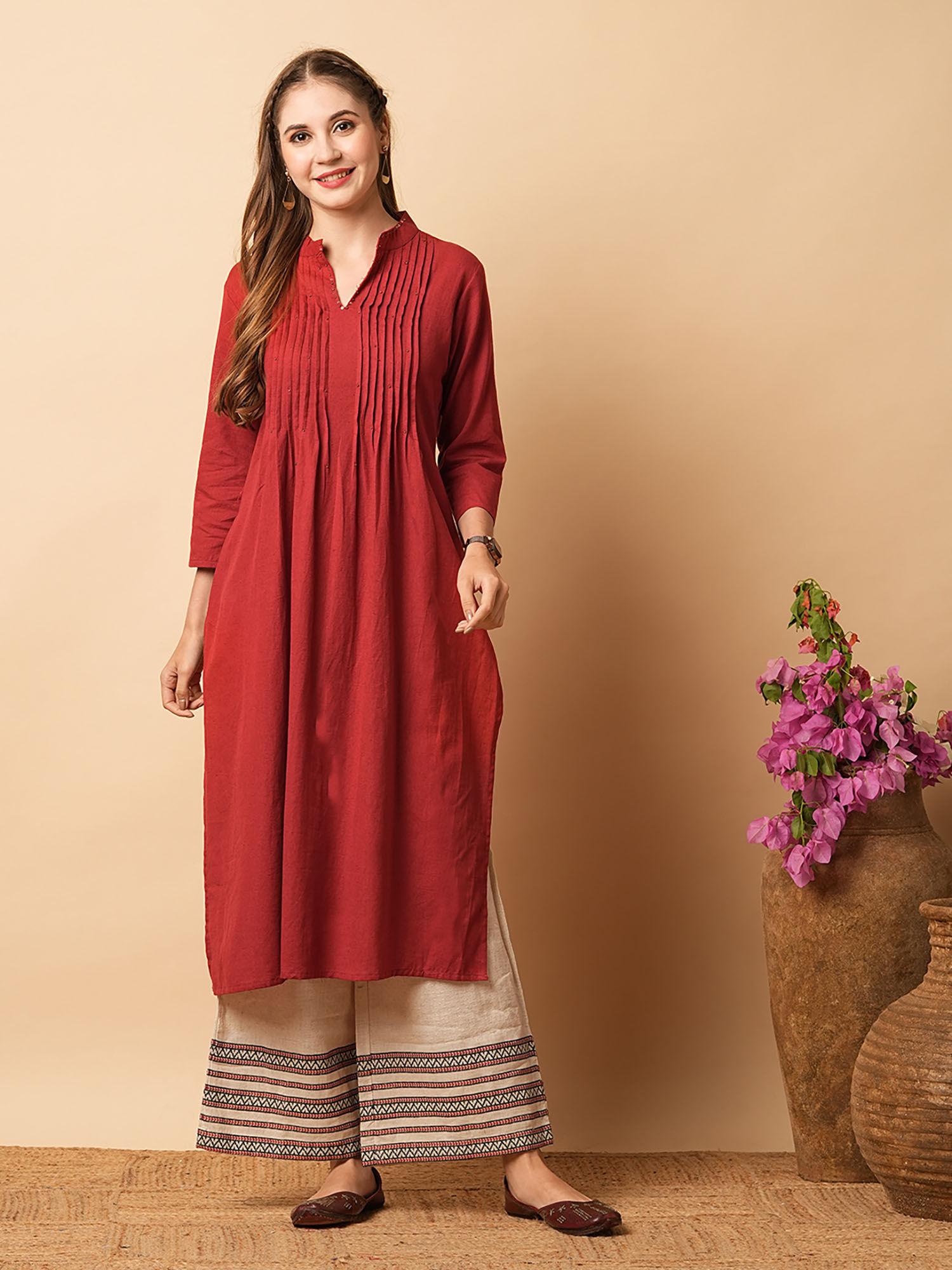 solid sequin embroidered pin tucked kurta - maroon