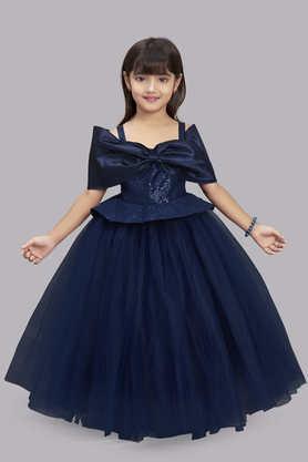 solid sequin off shoulder girls party wear gown - navy