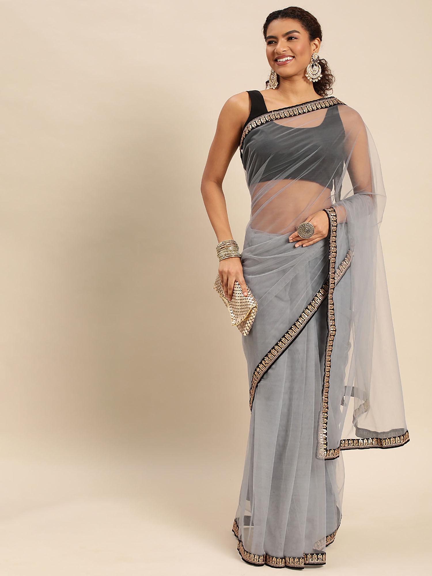 solid sequined net saree with unstitched blouse