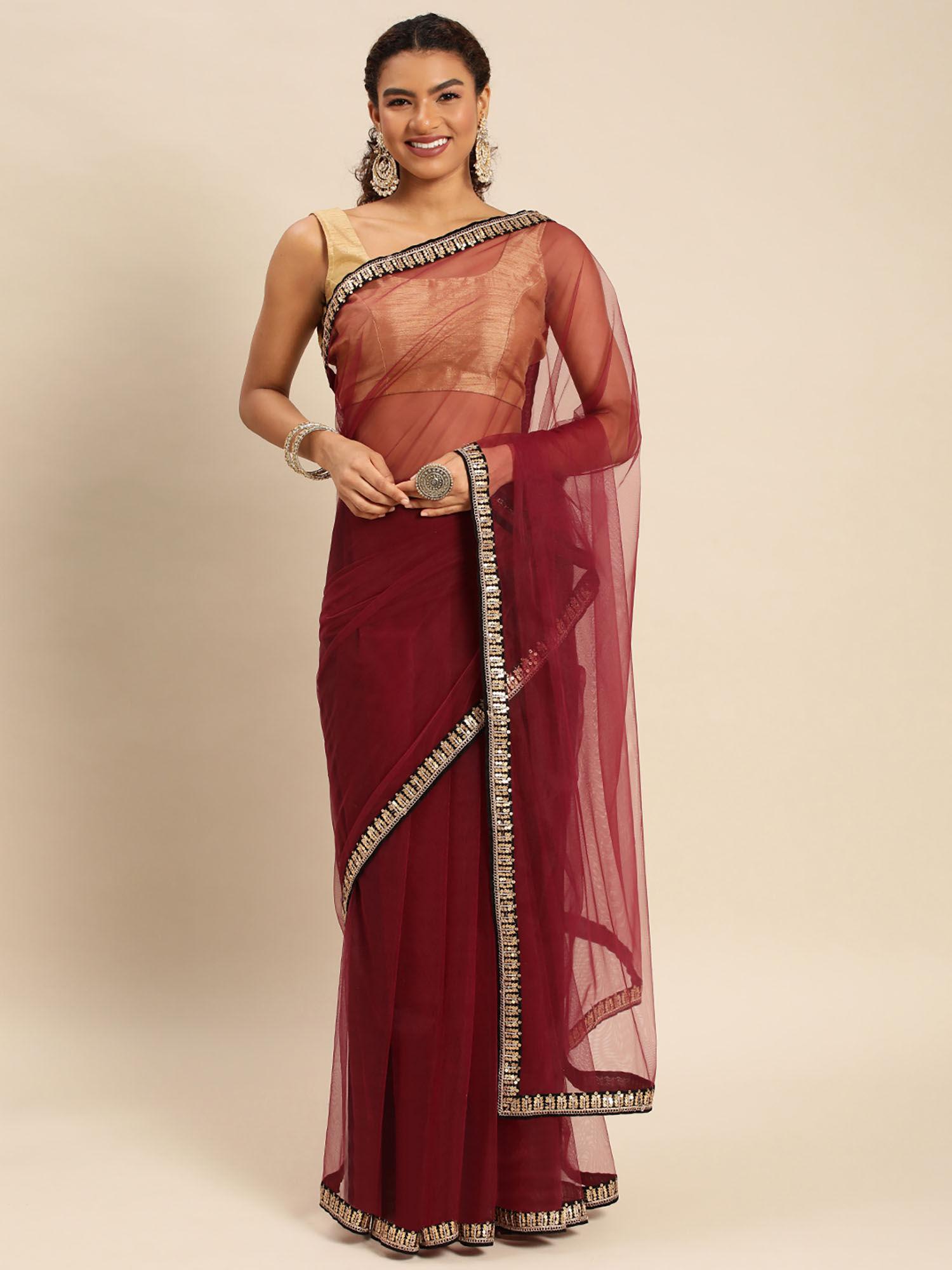 solid sequined net saree with unstitched blouse