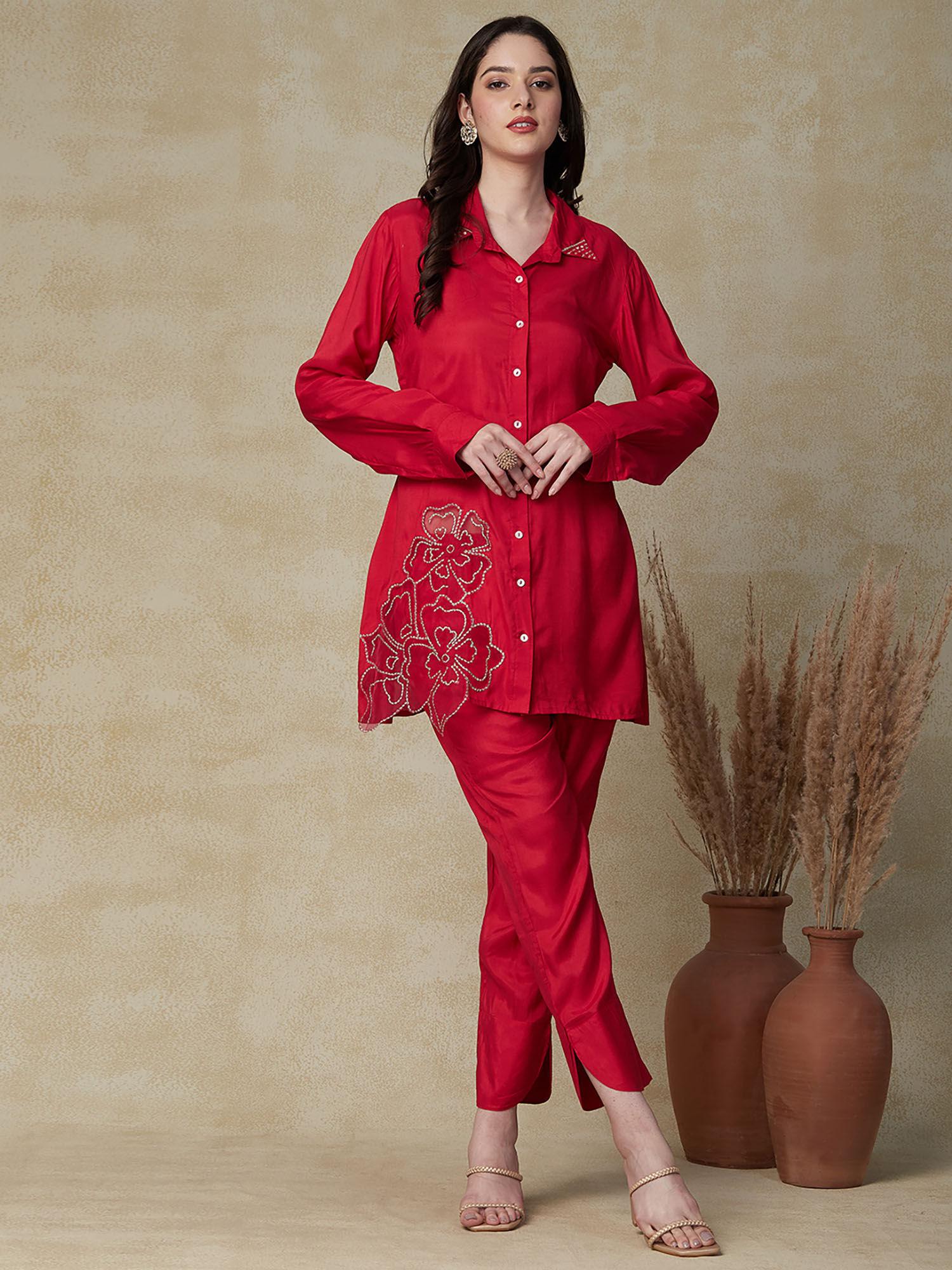 solid sequins & zari embroidered shirt with pants co-ord set -red (set of 2)