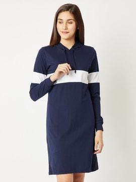 solid shift dress with drawstring hood