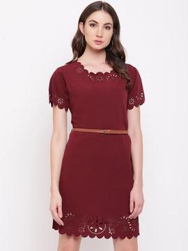 solid shift dress with scalloped hems