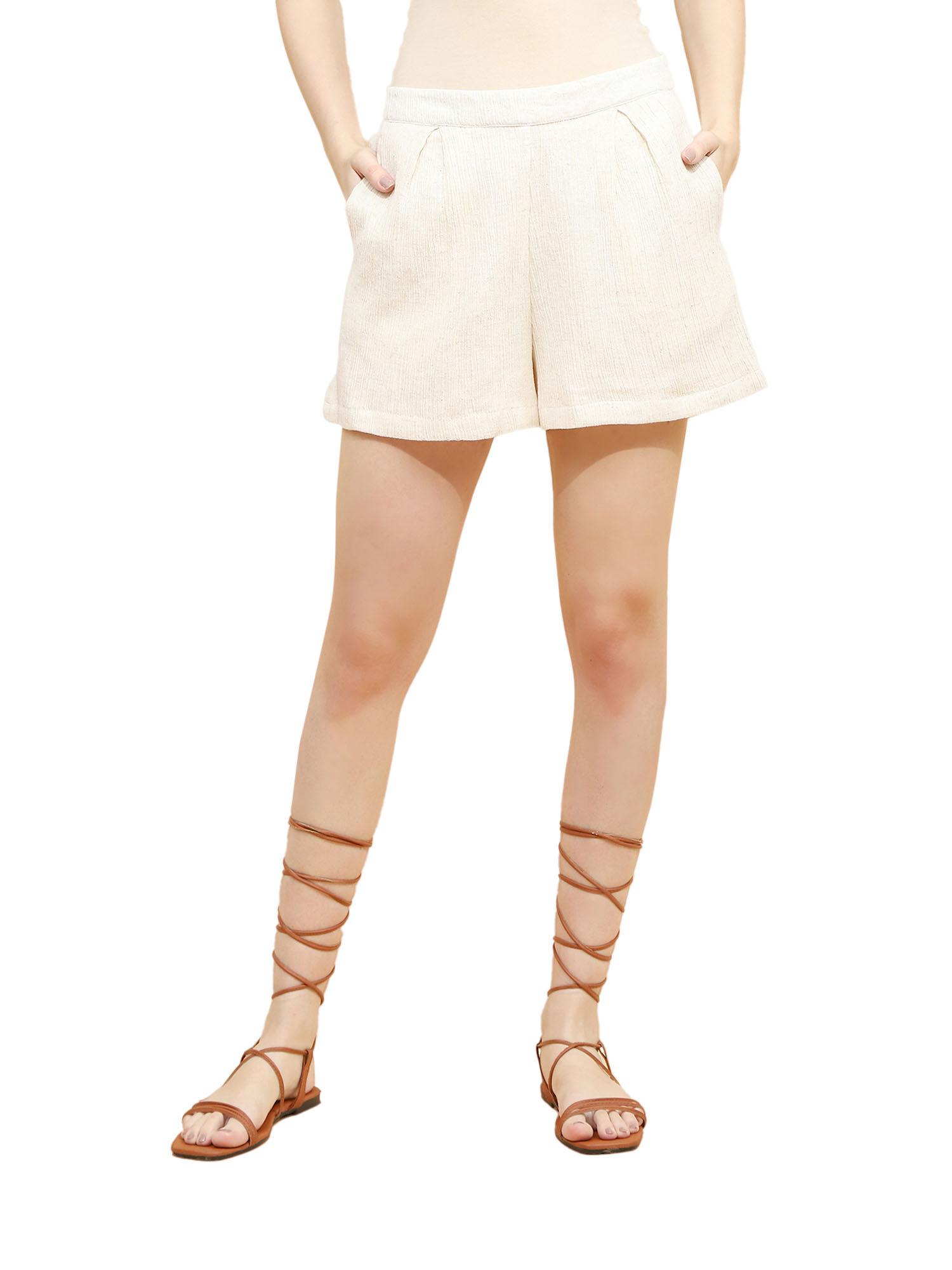 solid short linen regular fit shorts for women natural beige