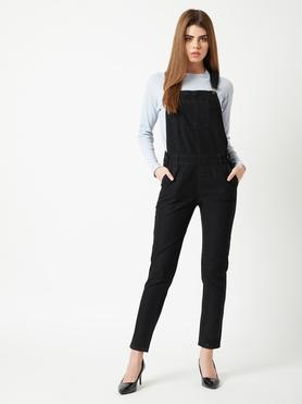 solid short sleeves denim women's knee length jumpsuit - black