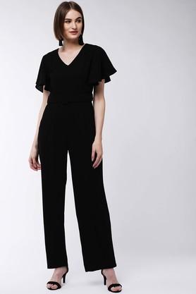 solid short sleeves polyester blend women's regular length jumpsuit - black