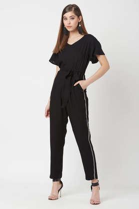 solid short sleeves rayon women's regular jumpsuit - black