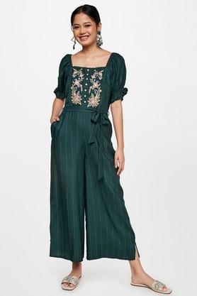 solid short sleeves viscose women's full length jumpsuit - dark green