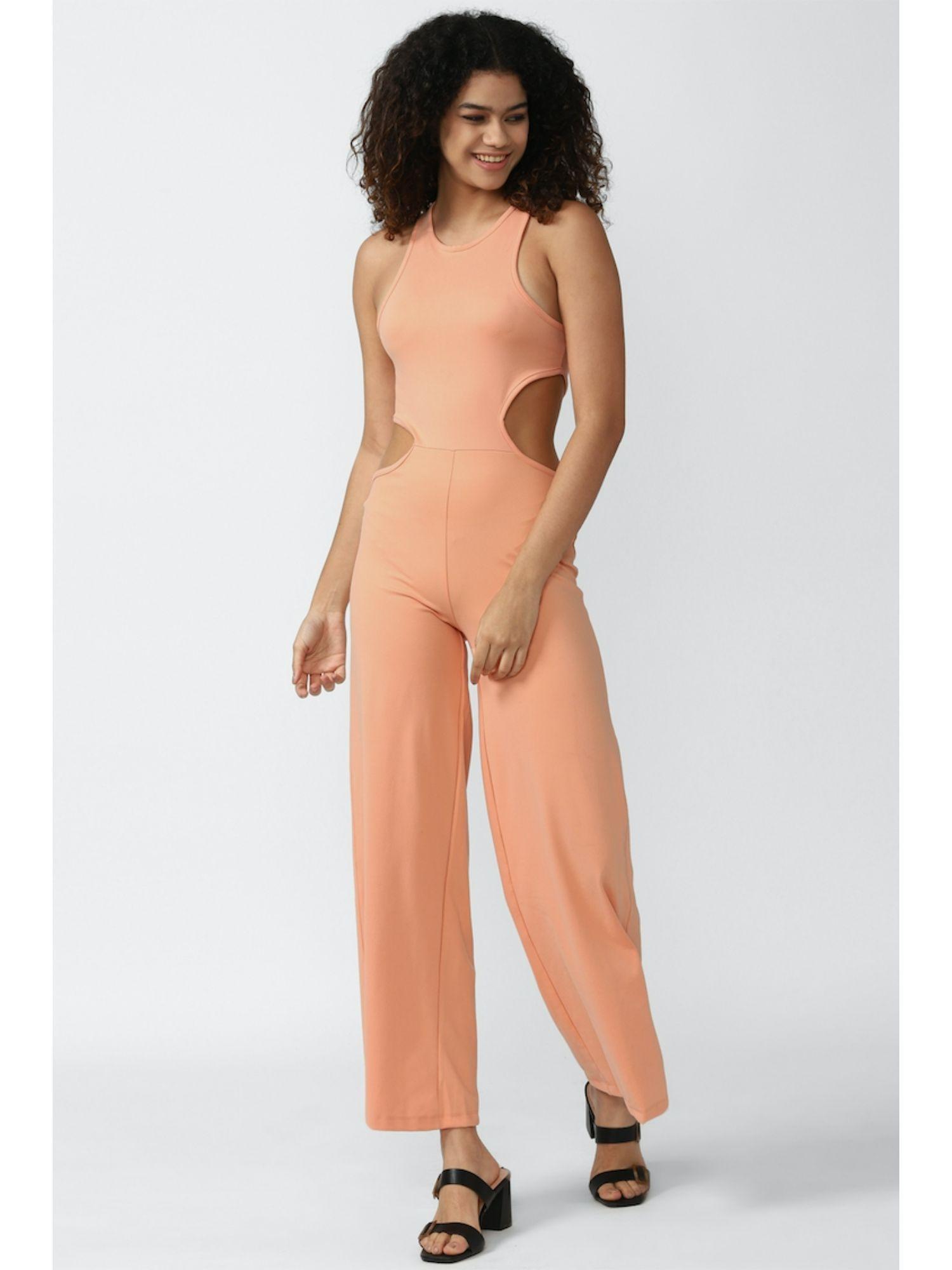 solid side cut out peach jumpsuit