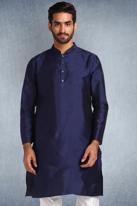 solid silk blend collared men's casual kurta - blue