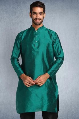 solid silk blend collared men's casual kurta - green