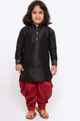 solid silk blend mandarin boys kurta and dhoti set - black