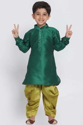 solid silk blend mandarin boys kurta and dhoti set - green
