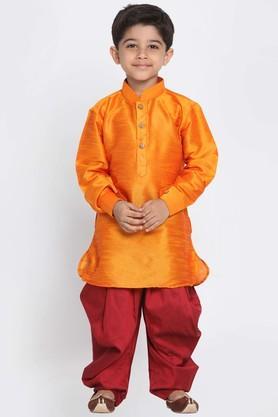 solid silk blend mandarin boys kurta and dhoti set - orange