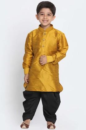 solid silk blend mandarin boys kurta and dhoti set - yellow