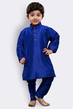 solid silk blend mandarin boys kurta pyjama set - blue