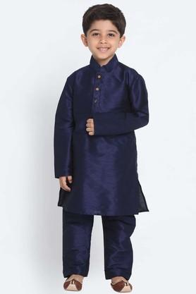 solid silk blend mandarin boys kurta pyjama set - dark blue