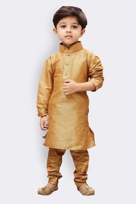solid silk blend mandarin boys kurta pyjama set - gold